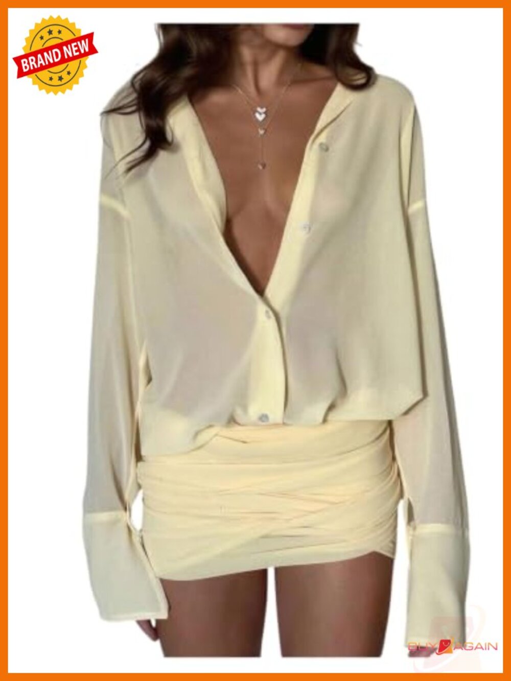 Sheer Mesh Long Sleeve Button Down Mini Dress Ruched Waist